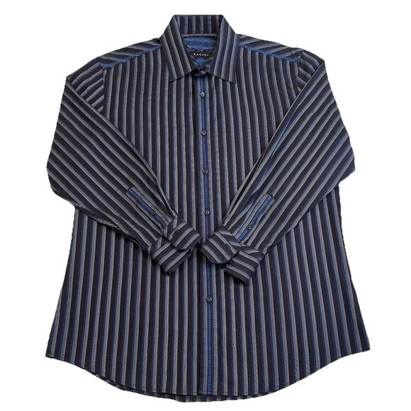 Zagiri Mens Blue Striped Flip Cuff Long Sleeve Button Up Cotton L - Picture 2 of 15